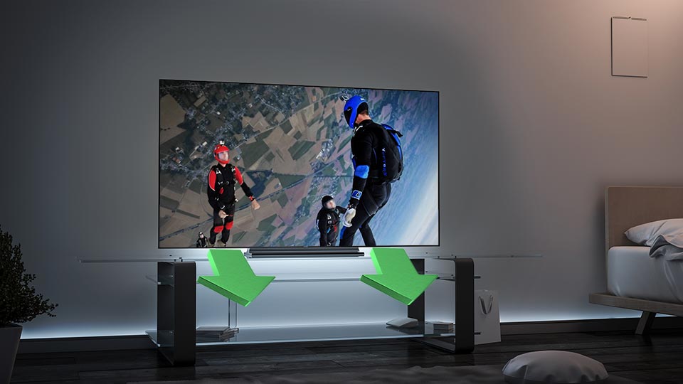 ダウンファイアリングスピーカーが音を下方に放射するテレビ